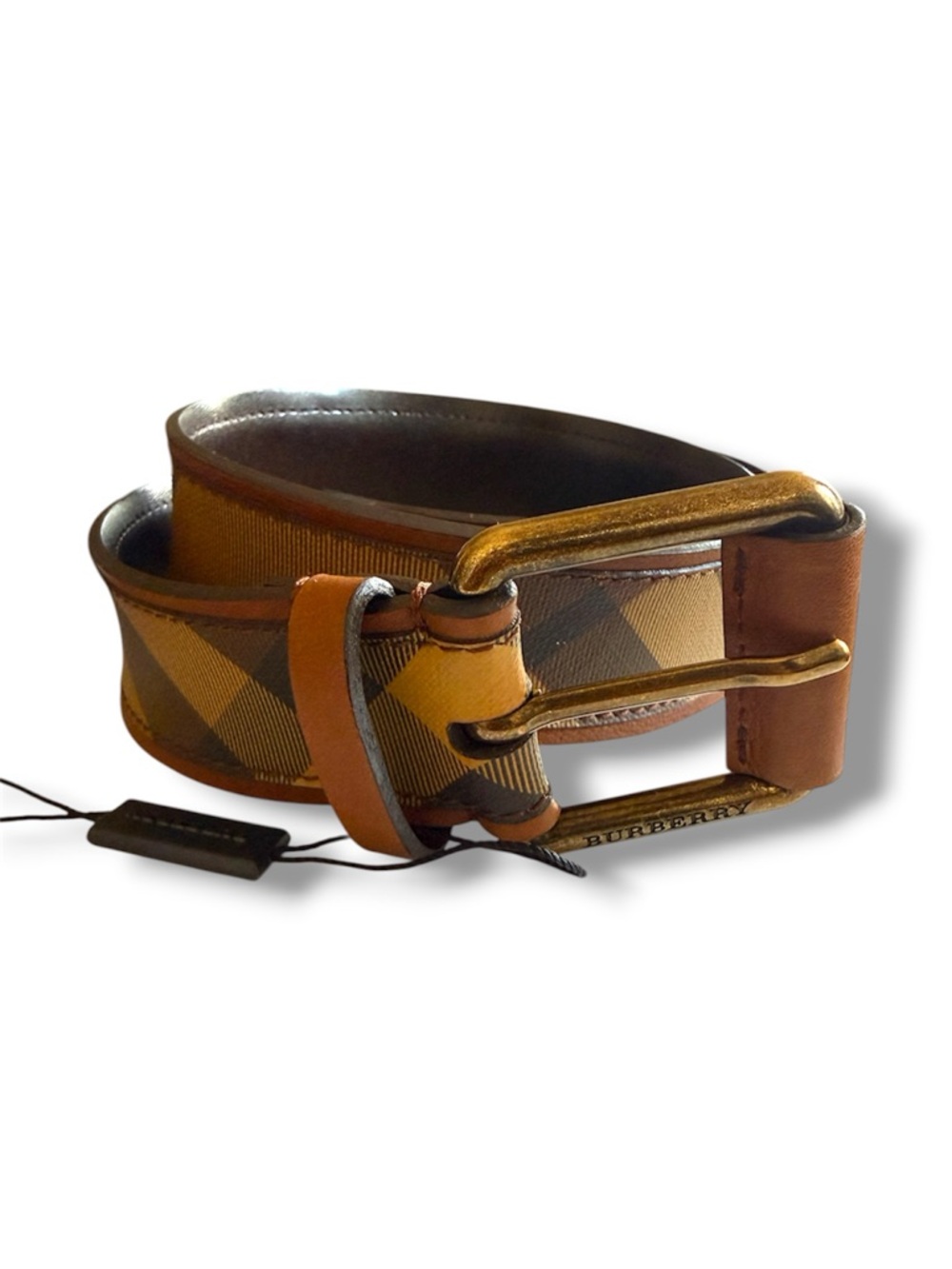 Burberry Women’s Tan & Brown Check Leather Belt + Gold-Tone Buckle - Small. NWOT